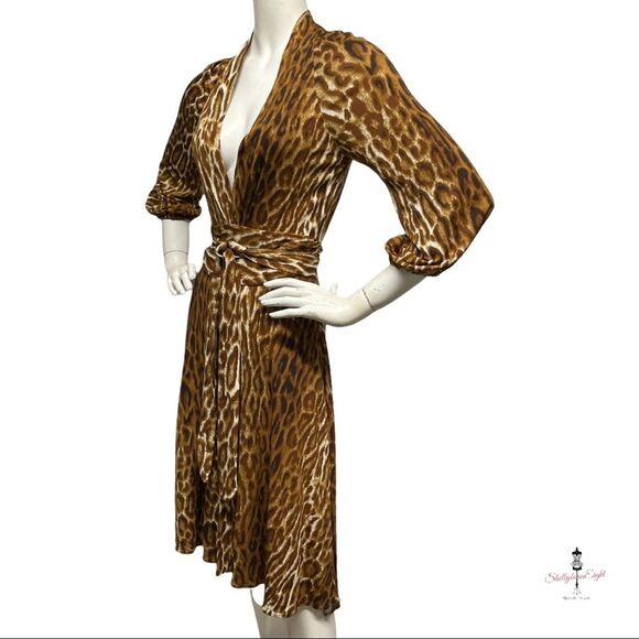 YIGAL AZROUEL Stretch Jersey Deep V Plunge Dress Leopard Ruched Sash Waist XS - Picture 10 of 15